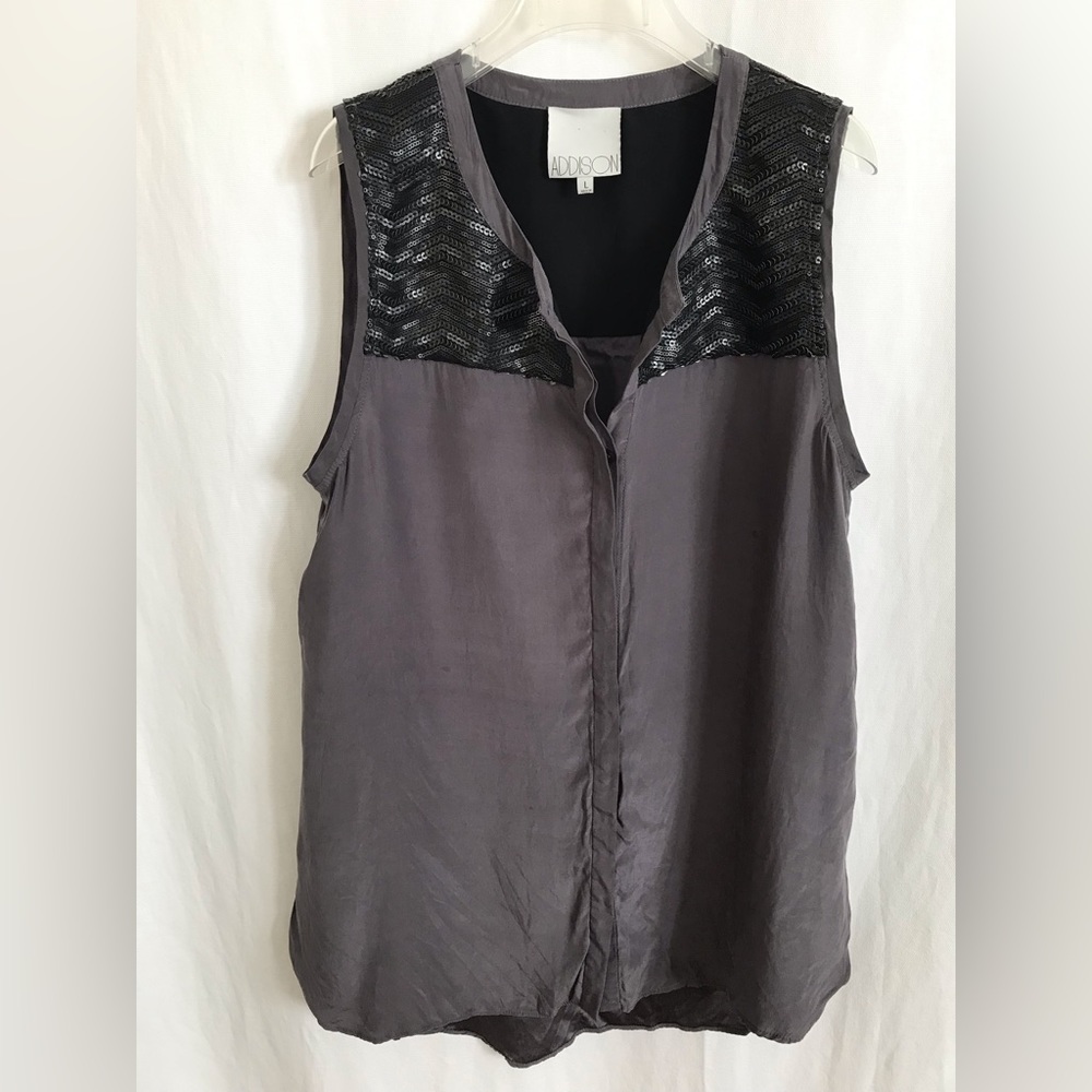ADDISON Women’s Sleeveless Sequins 100% Silk Top, Size Large  Dk Grey .